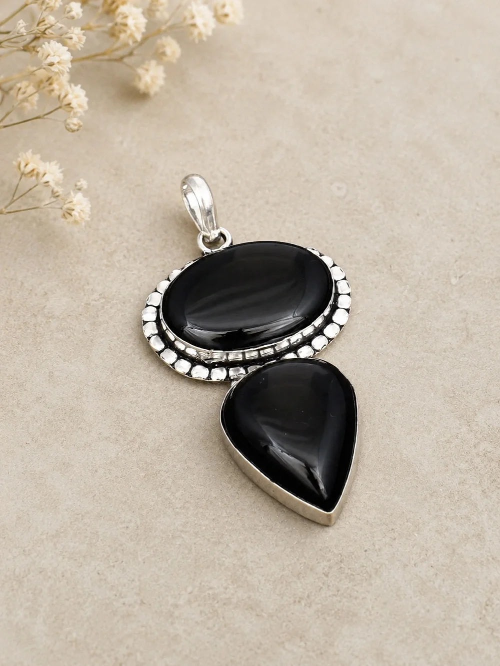Double Natural Black Onyx Gemstone 2.5” 925 Silver Pendant